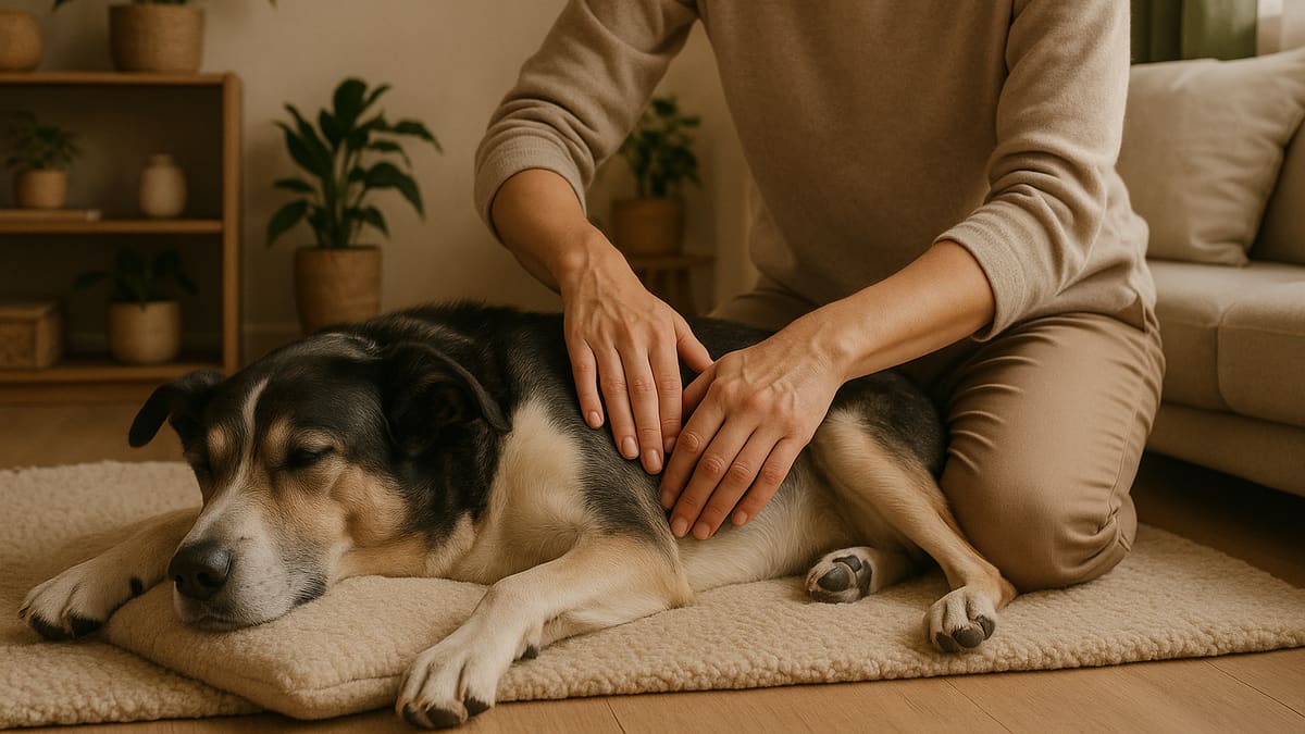 Ein Hund wird auf einer Matte liegend sanft behandelt
