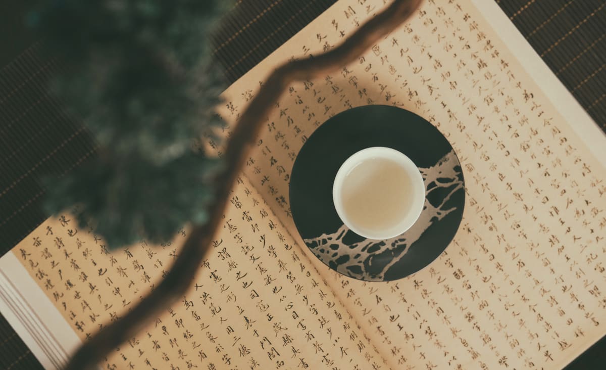 Ein chinesisches Buch mit einer Schale Tee